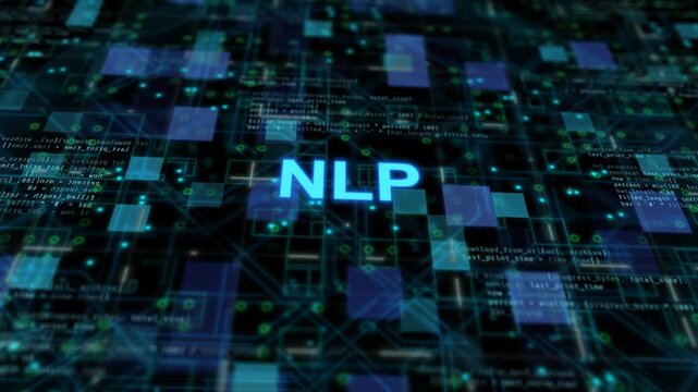 Natural language processing concept showing artificial intelligence text analysis, speech recognition, machine learning algorithm, and deep learning communication technology interface