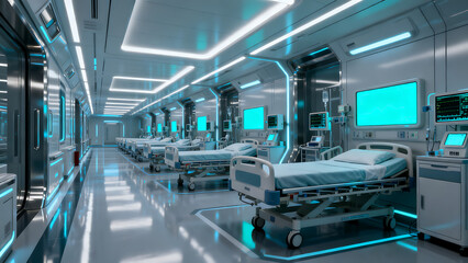 Obraz premium Futuristic hospital ward with advanced medical technology, sci-fi intensive care unit with glowing blue lights, modern spaceship infirmary interior isolated on White Background