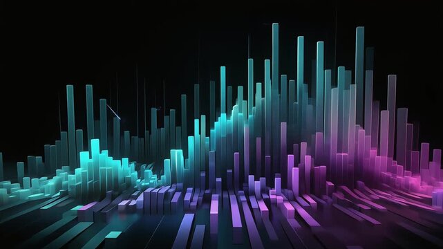 Digital sound waves represented by glowing neon blue and purple vertical bars moving in a rhythmic sequence to visualize data analytics and modern electronic music beats in this cinematic motion clip