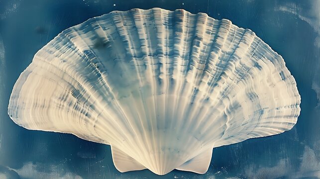Large white scallop shell with detailed ridges on a blue background