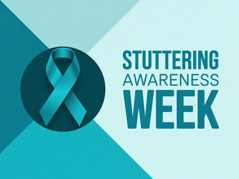Stuttering awareness week banner with teal awareness ribbon on geometric background