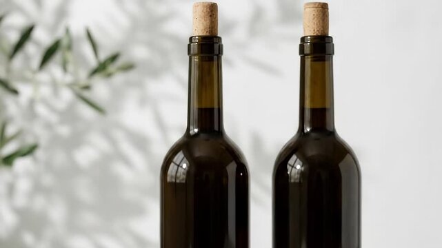 Two brown wine bottles mockup on a white podium with leaf shadows, elegant beverage packaging presentation with minimal studio styling and clean branding free design, no logos