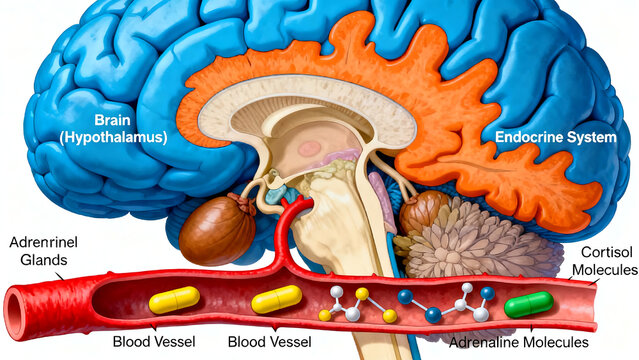 Anatomical endocrine system diagram, human brain hypothalamus and adrenal glands, cortisol and adrenaline molecules in blood vessel isolated on White Background