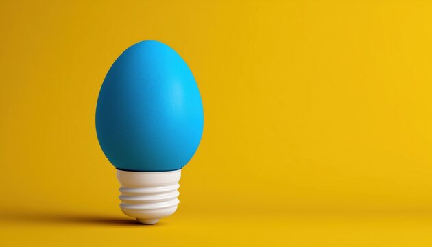 Blue Lightbulb Emerging From White Egg Against Yellow Background: Symbolizing Creativity And Innovation. Visual Representation Of A Bright Idea.