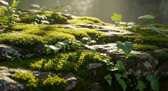 Lush Green Moss and Foliage Covering Rocky Surface in Sunlight.
