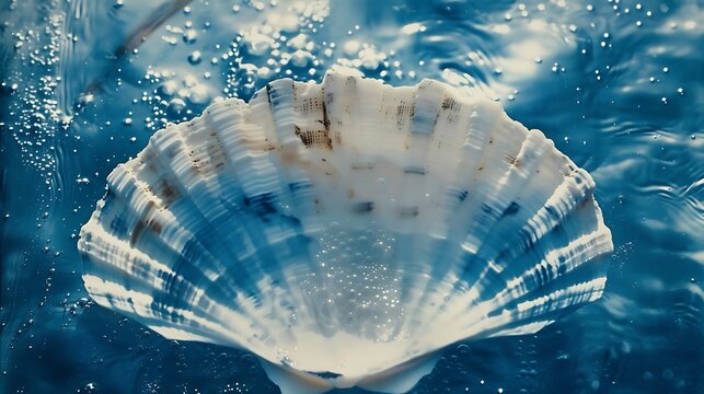 Large white scallop shell underwater with bubbles rising