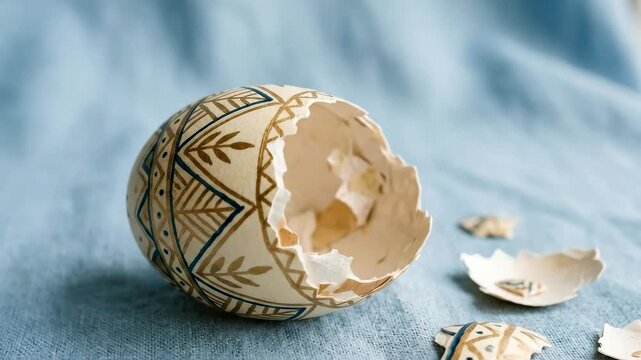 Broken decorative eggshell resting open with fragments on soft blue backdrop, artistic still life exploring texture and contemporary minimal design, refined realistic detail, no logos