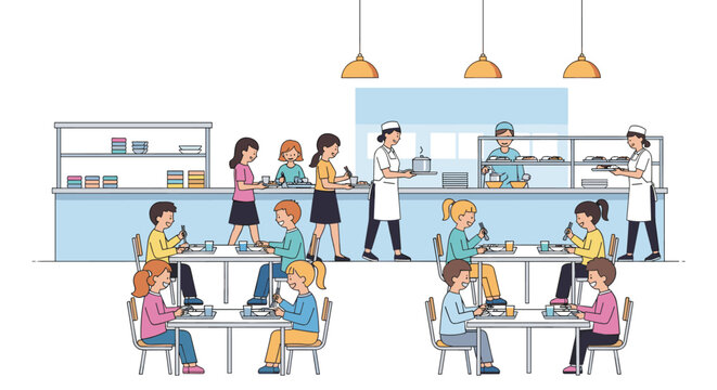 Busy school cafeteria scene with students eating at tables and staff serving healthy meals in a clean canteen environment.