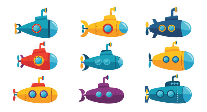 Set of nine colorful submarine cartoon icons in various shapes and designs with periscopes and propellers for underwater exploration and adventure.