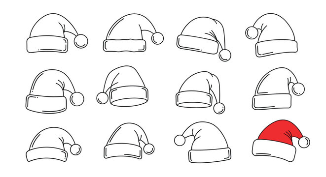 Collection of hand-drawn Santa Claus hats in different positions and styles, with one prominently highlighted in bright red color on a white background.