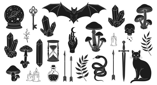 Large set of black gothic and mystical illustrations including a skull, bat, cat, mushrooms, crystals, and magical items on a white background.