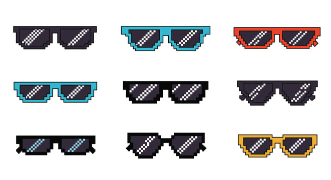Collection of pixel art sunglasses in various colors and styles inspired by gaming and internet meme culture on a plain white background for design.