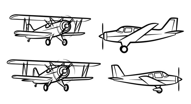 Detailed line art sketches of vintage biplanes and modern small propeller aircraft in different flight perspectives on a plain white background.