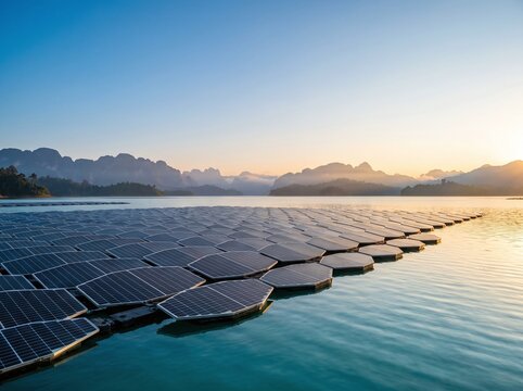 Wide drone perspective of renewable energy floating solar farm