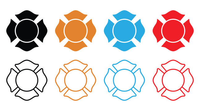 A collection of firefighter Maltese cross symbols, often used in fire department badges and emblems.