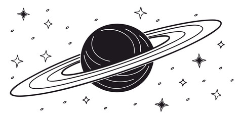 Saturn planet icon with ring system and decorative stars astronomy universe astrophysics celestial astronomical illustration monochrome exploration heavenly © Maisa