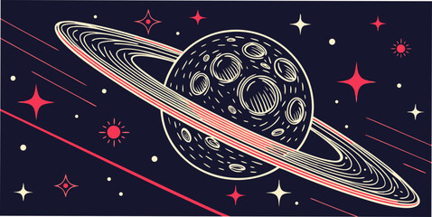 Retro style illustration of saturn with rings in deep space astronomy universe illustration exploration background celestial astronautical astrophysics astronomer astrological spacecraft © Maisa