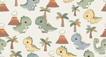 Cute cartoon dinosaurs and volcanoes pattern for kids © Deshan