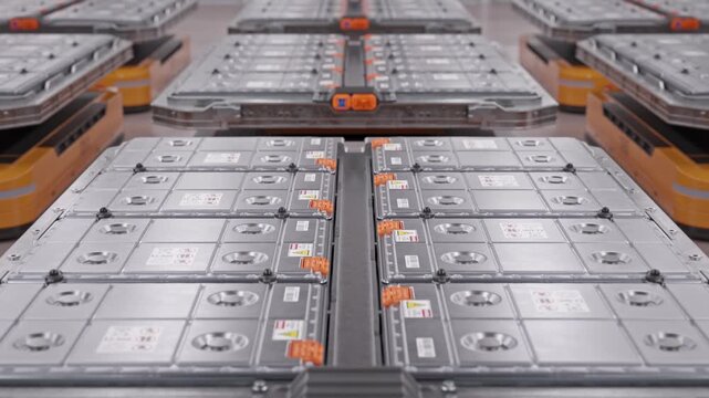 Close-up Dolly-out of Rows of Lithium-Ion Battery Modules loaded on AGVs inside Fully Automated Modern Autonomous Electric Car Factory. Future Automotive Manufacturing Process. 3d Animation Render