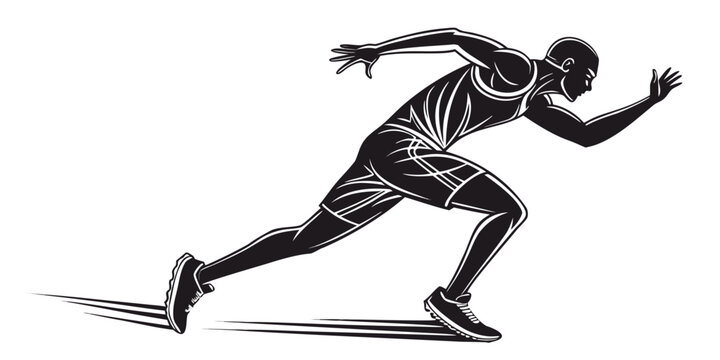 High contrast black silhouette illustration of a male athlete sprinter in a starting position ready to run with speed and determination sprinter athletics competition training exercise movement