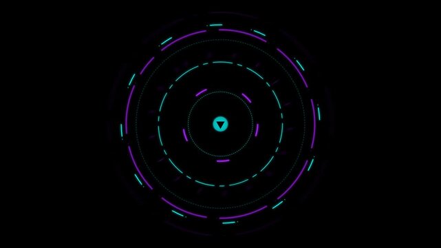 Futuristic neon HUD interface with rotating purple and cyan circles on black background