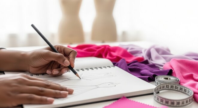 Fashion design process with sketchbook, hand holding pencil over fabric in studio, creative workspace with vibrant textiles and measuring tape. Concept fashion design and creativity.