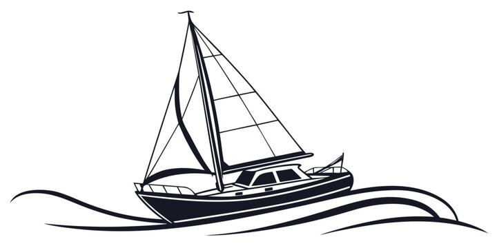 Stylized vector drawing of a sailing boat moving over gentle ocean waves with sailboat nautical illustration navigation transport transportation adventure vacation minimalist silhouette