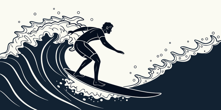 Monochrome graphic illustration of a surfer riding a crashing ocean wave with surfboard silhouette adventure lifestyle illustration monochrome background isolated recreation vacation