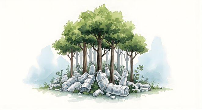 International Plastic Free Day watercolor forest growing from plastic waste, artistic eco transformation background illustration