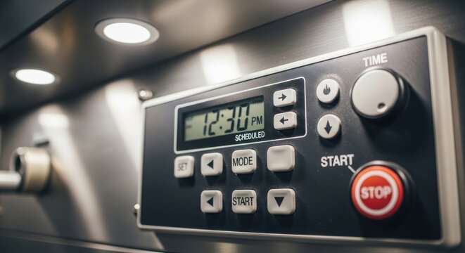Close-up of a programmable digital timer control panel with scheduled time display and buttons