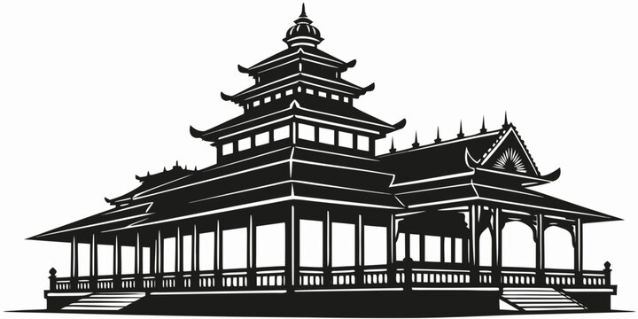 Black and white vector illustration of an ornate traditional asian pagoda building with curved rooflines and architectural detailing architecture building oriental traditional structure landmark