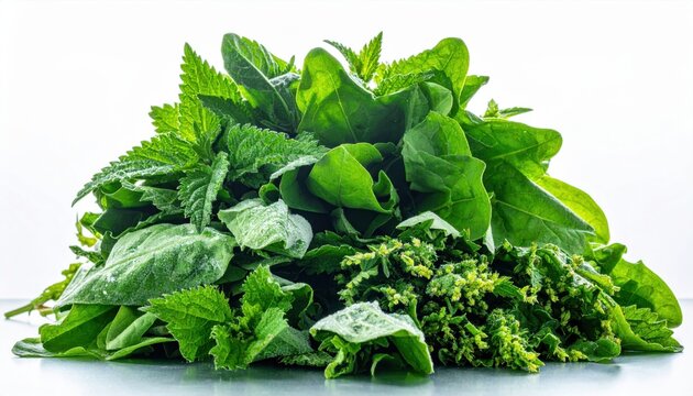 Freshly foraged green nettles and sorrel leaves arranged in a vibrant organic bundle, perfect for nutritious cooking.