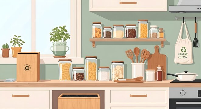 International Plastic Free Day flat vector eco kitchen illustration with sustainable products, clean modern background design