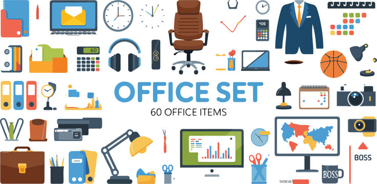 Colored flat vector office accessories big set cartoon business icons modern templates clipart for ads business cards banners apps