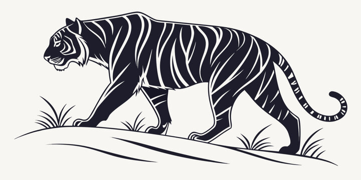 Stalking bengal tiger silhouette graphic illustration with tiger strikes nature art stripes pattern jungle king graphic design wild life predator wildlife silhouette stalking illustration