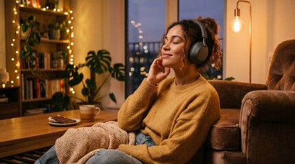 Fototapeta premium Woman wearing headphones, eyes closed, feeling the music, warm and soft lighting