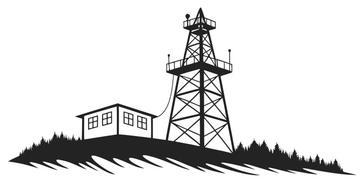 Oil drilling rig silhouette on hilltop industrial site with drilling industrial petroleum extraction silhouette structure industry platform machinery landscape technology production