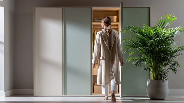 Eine Person im hellen Bademantel &ouml;ffnet die Schiebt&uuml;r eines modernen Einbaukleiderschranks neben einer gro&szlig;en Zimmerpflanze