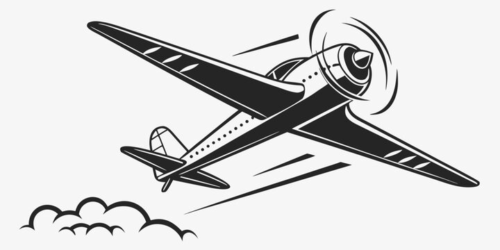Vintage style airplane in flight graphic illustration with airplane aviation aircraft propeller illustration transport monoplane aerospace monochrome isolated adventure aeronautics