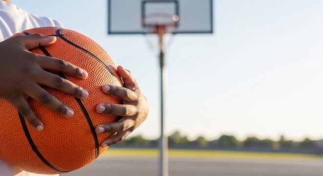 Close-up of hands holding basketball with hoop in background on outdoor court. Basketball scene features vibrant orange ball and clear sky, perfect for sports promotions or youth activities.