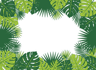 Fototapeta premium Tropical leaf border frame with monstera and palm trees vector illustration