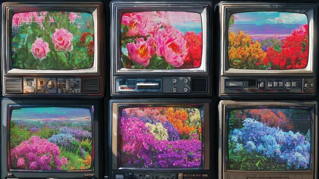 Retro CRT televisions arranged in a grid display vibrant flower imagery with digital noise and glitch effects, creating a nostalgic technology background with copy space