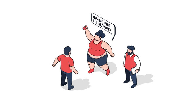 Isometric illustration of a plus-size woman leading two men with a sign.