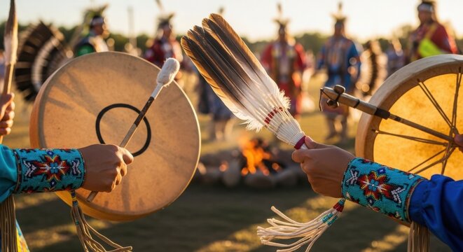 Native American cultural celebration with traditional drums and feathers held by dancers in vibrant clothing.