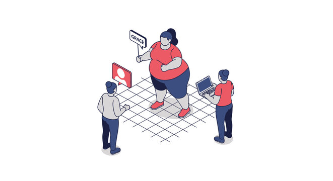 Isometric illustration of a plus-size woman with speech bubble and observers.
