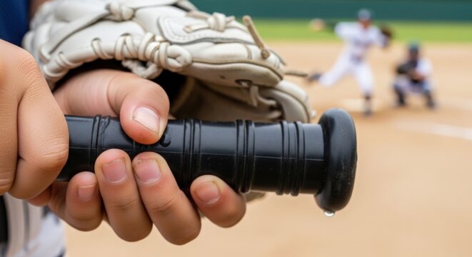Close-up of baseball bat grip held by player with glove in background and pitcher preparing for throw. Baseball scene captures excitement and anticipation on field. Concept baseball sports action.