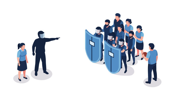 Isometric Illustration of a Protest with Police and Civilians.