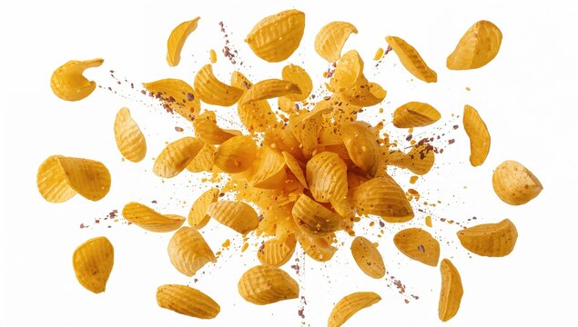 Flying potato chips explosion isolated on white background crispy snack pieces dynamic motion food concept high speed photography style