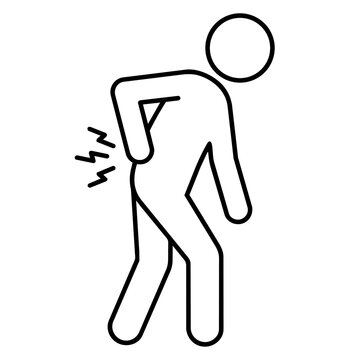Minimalist line art stick figure icon suffering from lower back pain or backache. Vector illustration.