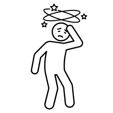 Line art stick figure icon suffering from dizziness, vertigo, or confusion with stars circling head.